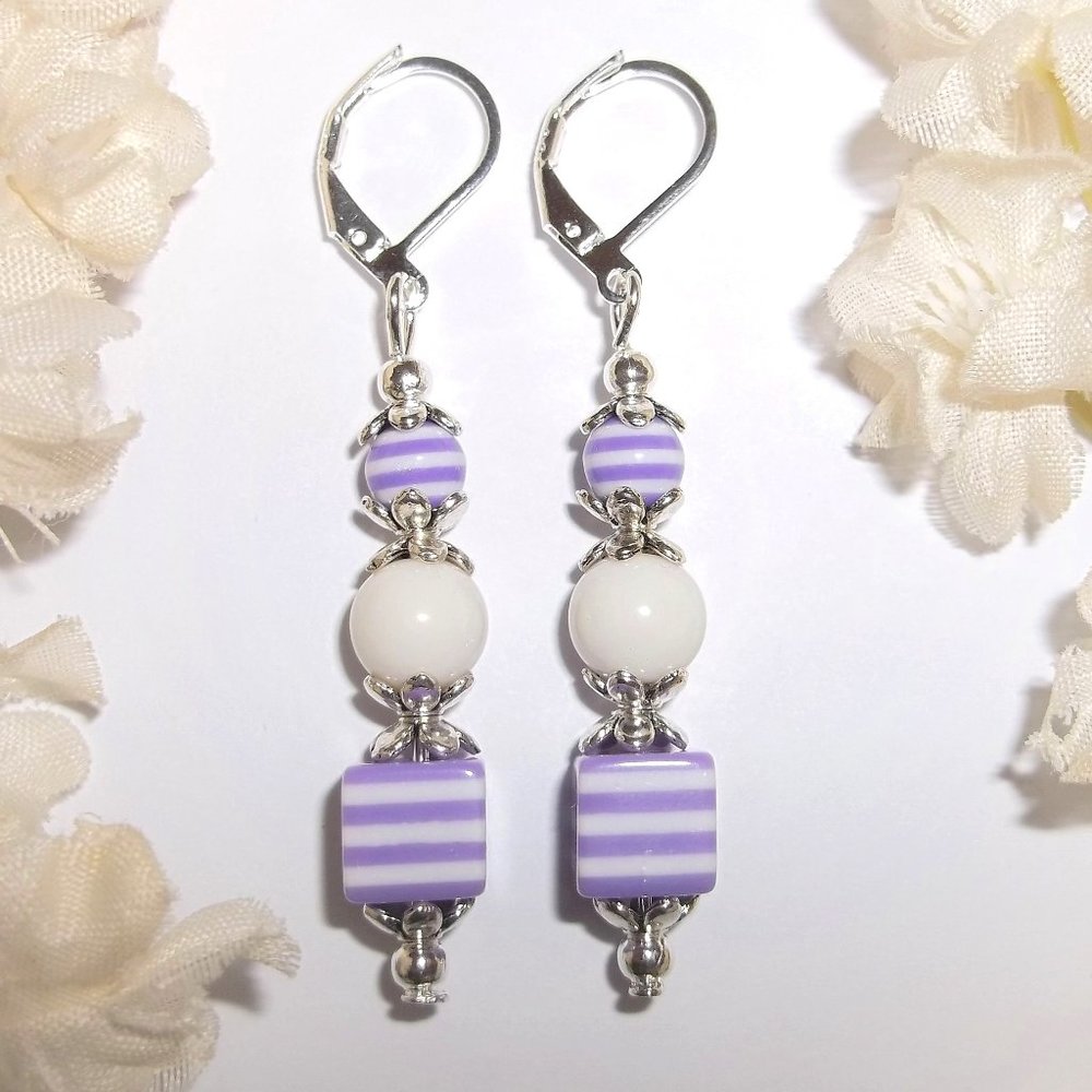 Earrings, Purple and White Earrings, Purple Earrings, Earring, Earring Set 7975